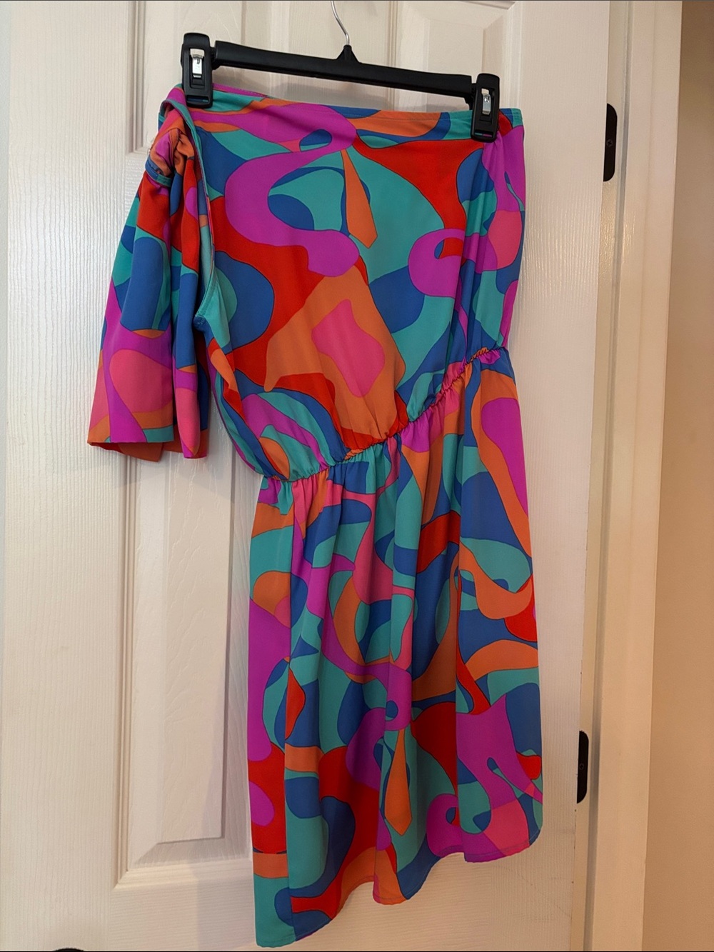 Tyche One-Shoulder Abstract Print Dress in Teal, Pink, Orange, Red